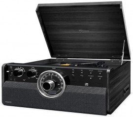 Raveo Vitrola Vanguard Ebony com Toca discos de 3 velocidades, Rádio FM, CD e Cassete players, USB (reproduz e grava)